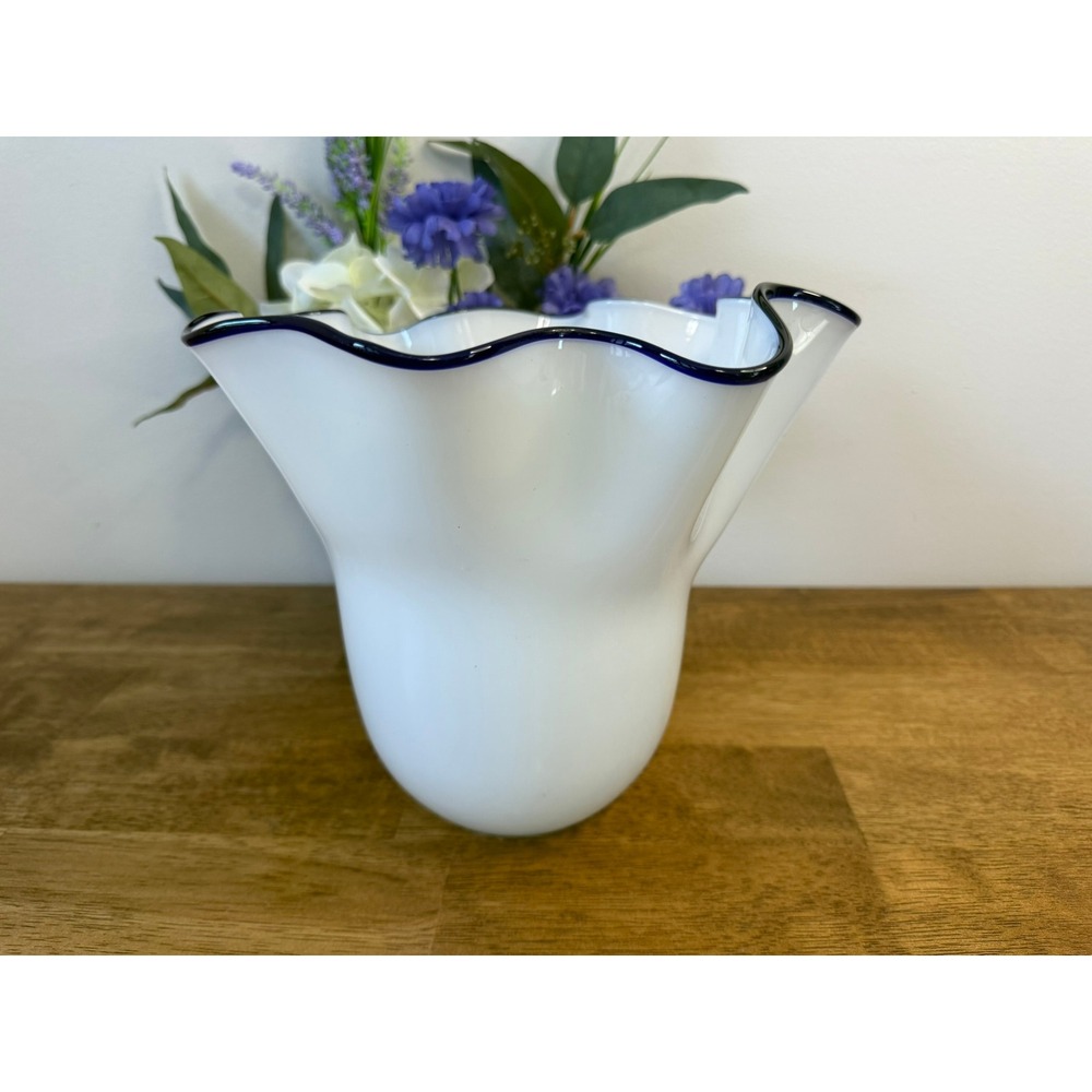 Large Vintage White Opaline Glass Vase‎ Ruffled Rim Cobalt Blue Edge Retro Decor